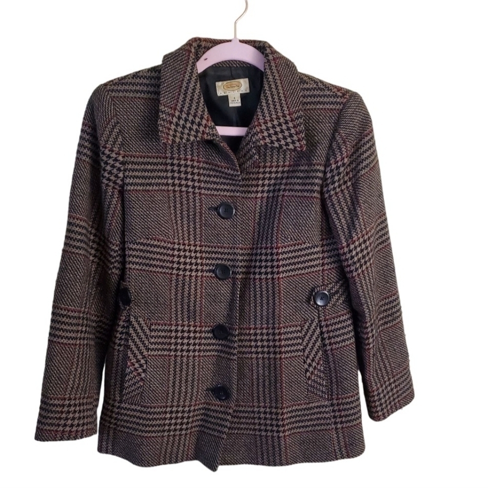 Talbots Vintage Wool Houndstooth Plaid 4 Button Jacket Size 4P